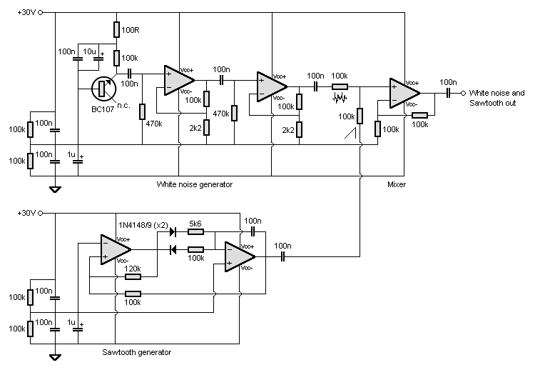 FM jammer: sawtooth and white-noise signal generator schematic